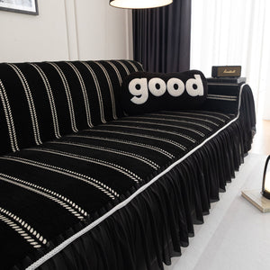 Leaf Stripe Sofa Cover with Black Sheer Skirt, Boho Soft Couch Slipcover for Pets