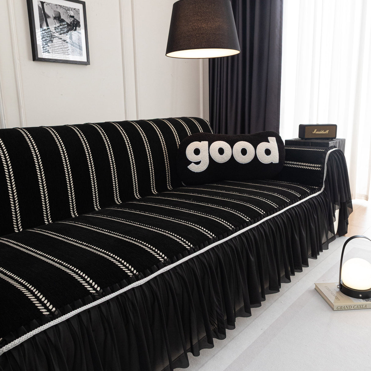 Leaf Stripe Sofa Cover with Black Sheer Skirt, Boho Soft Couch Slipcover for Pets