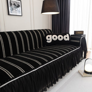 Leaf Stripe Sofa Cover with Black Sheer Skirt, Boho Soft Couch Slipcover for Pets