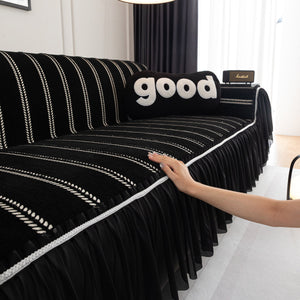 Leaf Stripe Sofa Cover with Black Sheer Skirt, Boho Soft Couch Slipcover for Pets