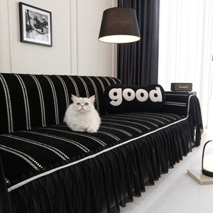 Leaf Stripe Sofa Cover with Black Sheer Skirt, Boho Soft Couch Slipcover for Pets