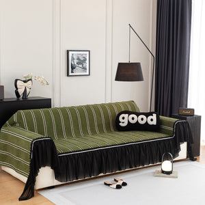 Leaf Stripe Sofa Cover with Black Sheer Skirt, Boho Soft Couch Slipcover for Pets
