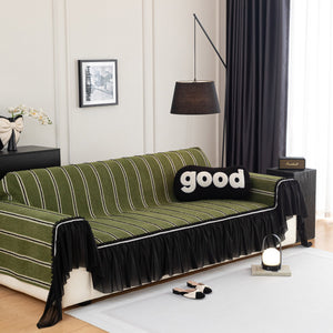 Leaf Stripe Sofa Cover with Black Sheer Skirt, Boho Soft Couch Slipcover for Pets