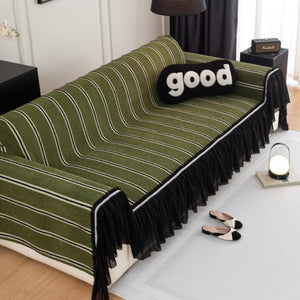 Leaf Stripe Sofa Cover with Black Sheer Skirt, Boho Soft Couch Slipcover for Pets