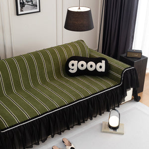 Leaf Stripe Sofa Cover with Black Sheer Skirt, Boho Soft Couch Slipcover for Pets