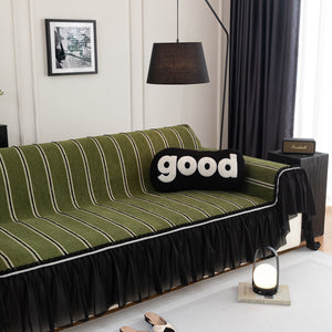 Leaf Stripe Sofa Cover with Black Sheer Skirt, Boho Soft Couch Slipcover for Pets