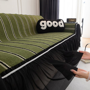 Leaf Stripe Sofa Cover with Black Sheer Skirt, Boho Soft Couch Slipcover for Pets