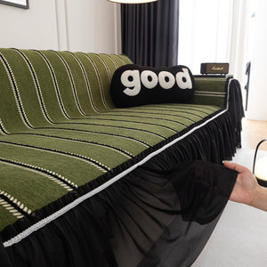 Leaf Stripe Sofa Cover with Black Sheer Skirt, Boho Soft Couch Slipcover for Pets
