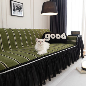 Leaf Stripe Sofa Cover with Black Sheer Skirt, Boho Soft Couch Slipcover for Pets