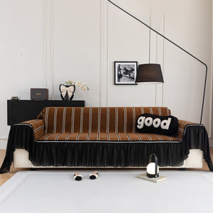 Leaf Stripe Sofa Cover with Black Sheer Skirt, Boho Soft Couch Slipcover for Pets