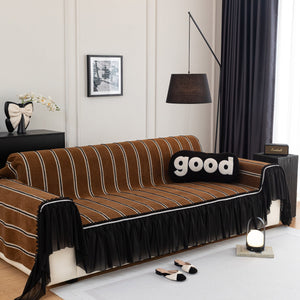 Leaf Stripe Sofa Cover with Black Sheer Skirt, Boho Soft Couch Slipcover for Pets