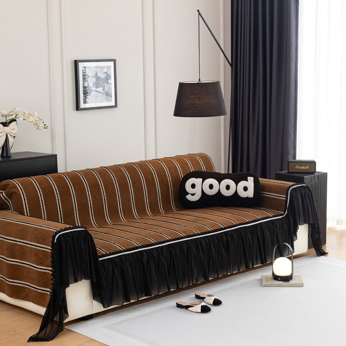 Leaf Stripe Sofa Cover with Black Sheer Skirt, Boho Soft Couch Slipcover for Pets