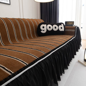 Leaf Stripe Sofa Cover with Black Sheer Skirt, Boho Soft Couch Slipcover for Pets