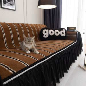 Leaf Stripe Sofa Cover with Black Sheer Skirt, Boho Soft Couch Slipcover for Pets