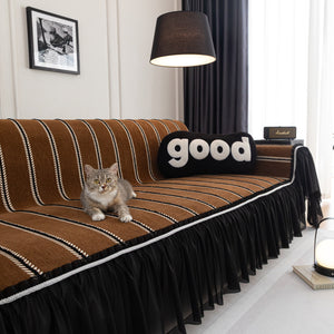 Leaf Stripe Sofa Cover with Black Sheer Skirt, Boho Soft Couch Slipcover for Pets