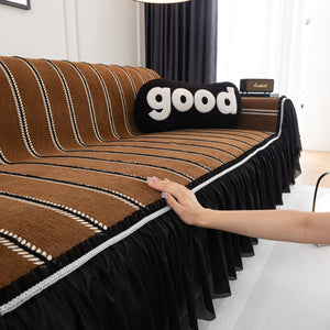 Leaf Stripe Sofa Cover with Black Sheer Skirt, Boho Soft Couch Slipcover for Pets