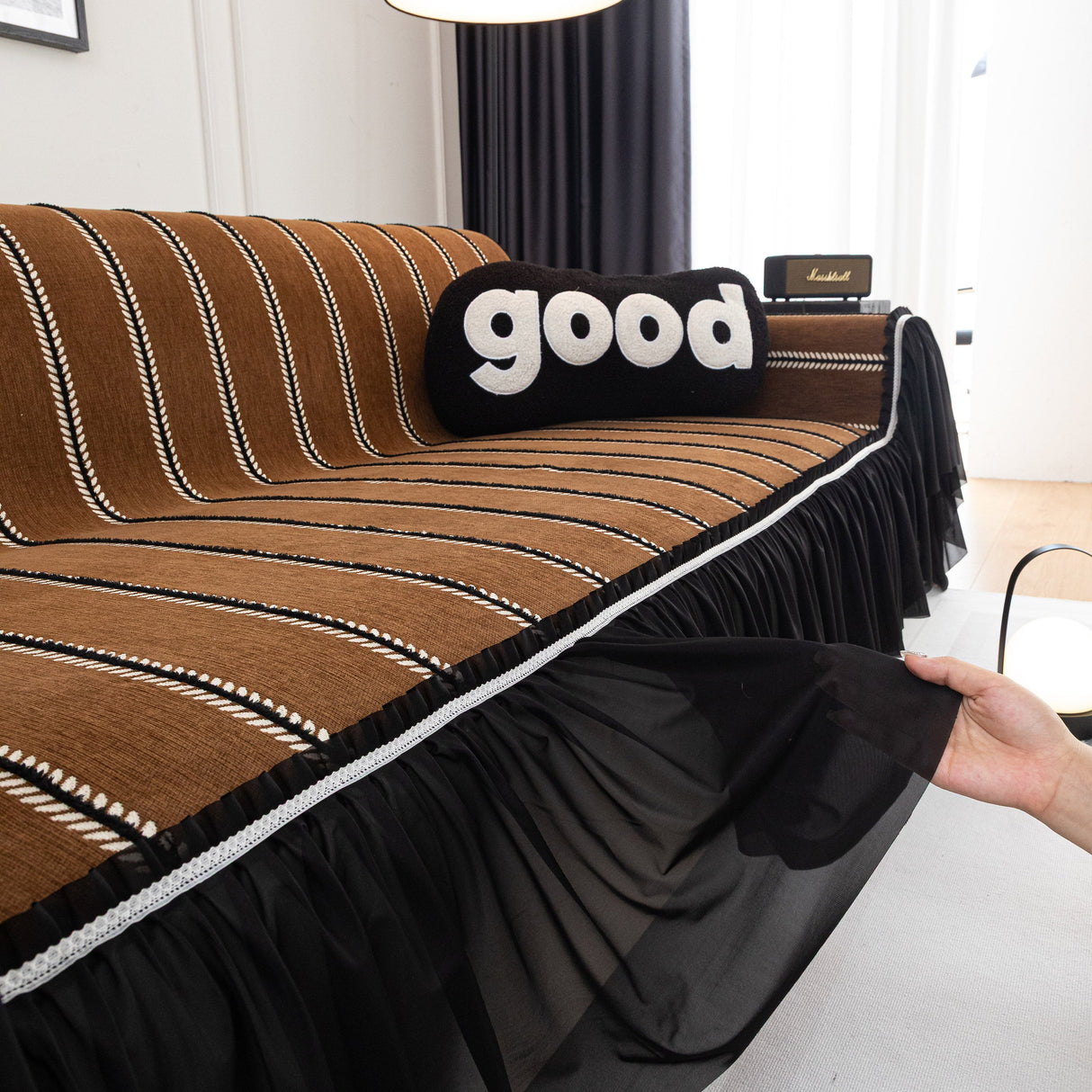 Leaf Stripe Sofa Cover with Black Sheer Skirt, Boho Soft Couch Slipcover for Pets