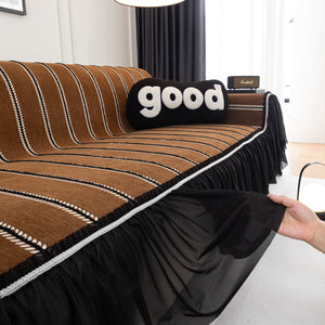 Leaf Stripe Sofa Cover with Black Sheer Skirt, Boho Soft Couch Slipcover for Pets