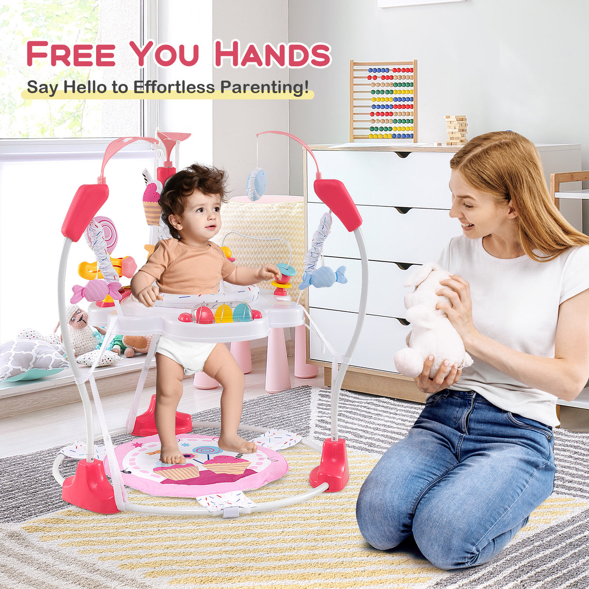 Baby Activity Center Height Adjustable Baby Bouncing Saucer with Interactive Toys-Pink