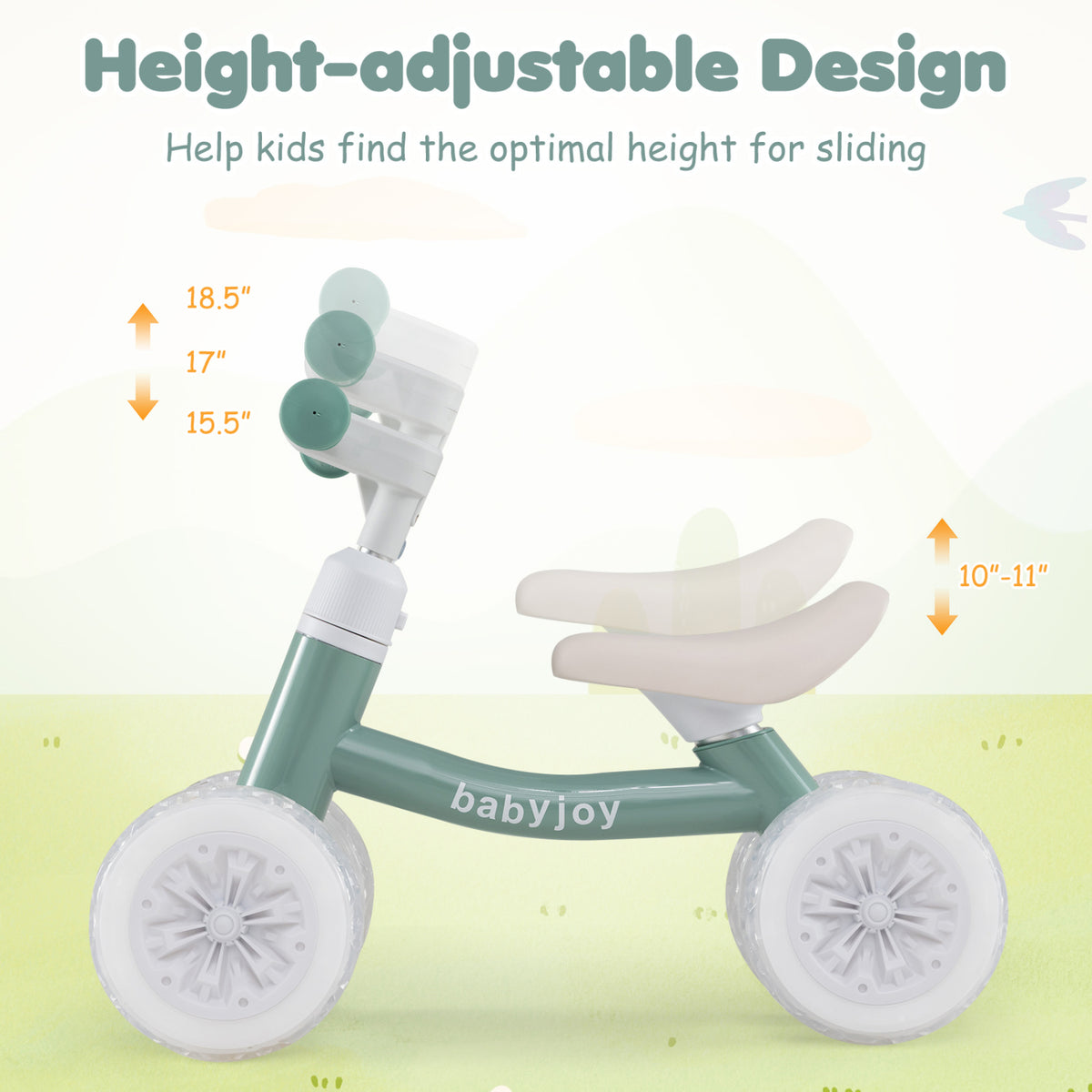 Baby Balance Bike with Adjustable Handlebar and Seat with Lighting Wheels-Green