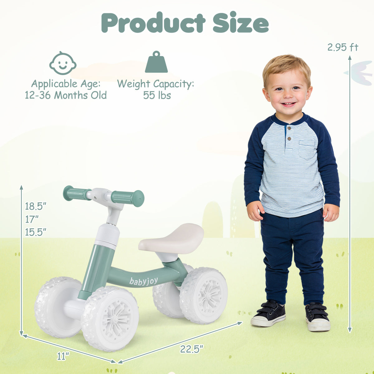 Baby Balance Bike with Adjustable Handlebar and Seat with Lighting Wheels-Green