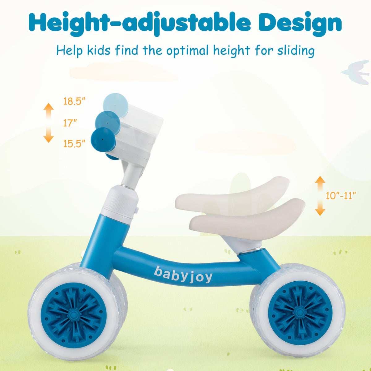 Baby Balance Bike with Adjustable Handlebar and Seat with Lighting Wheels-Blue