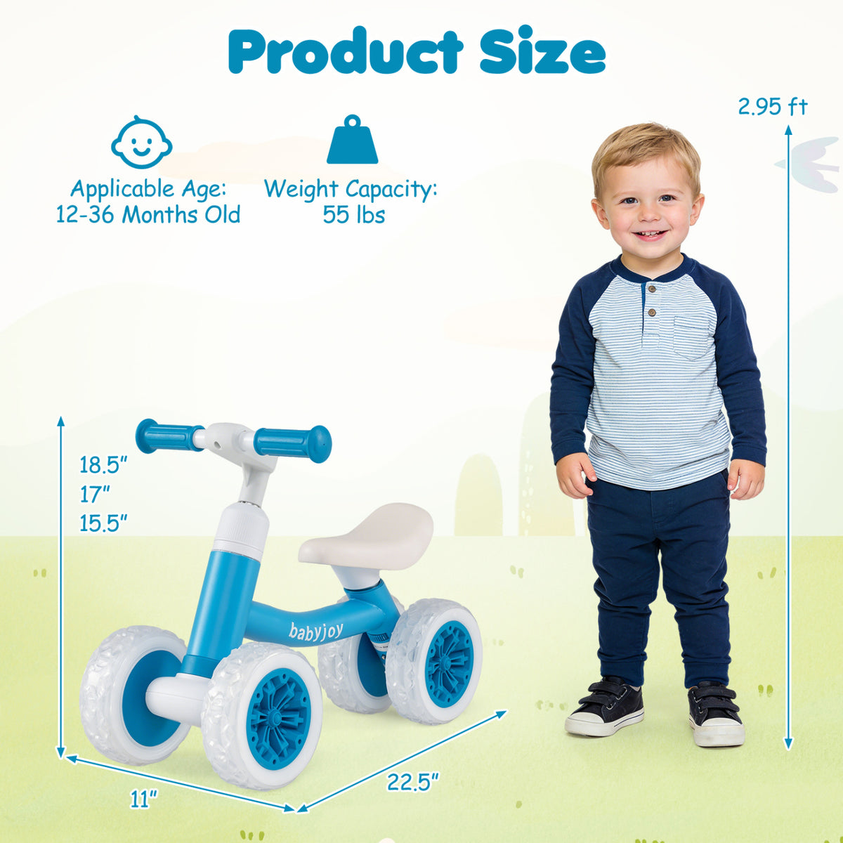 Baby Balance Bike with Adjustable Handlebar and Seat with Lighting Wheels-Blue