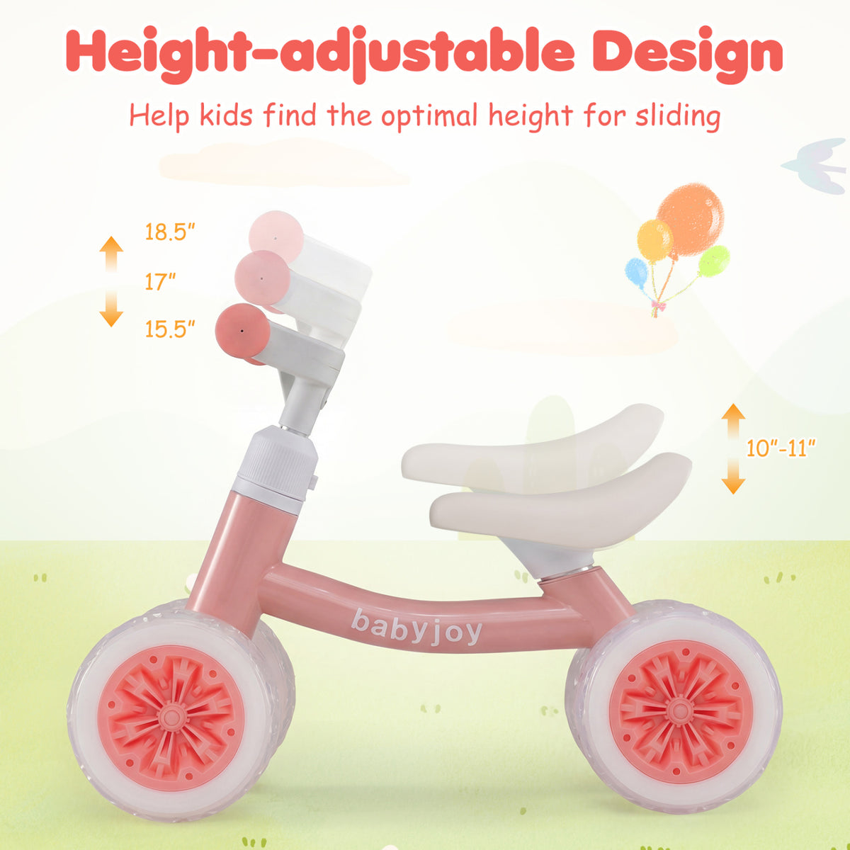 Baby Balance Bike with Adjustable Handlebar and Seat with Lighting Wheels-Pink