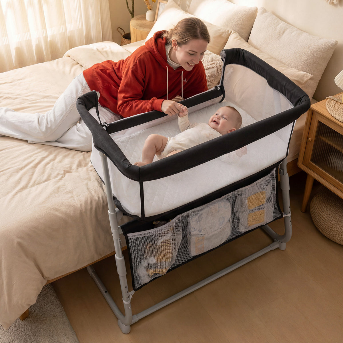 Baby Bassinet Bedside Crib with Adjustable Height Comfy Mattress-Black