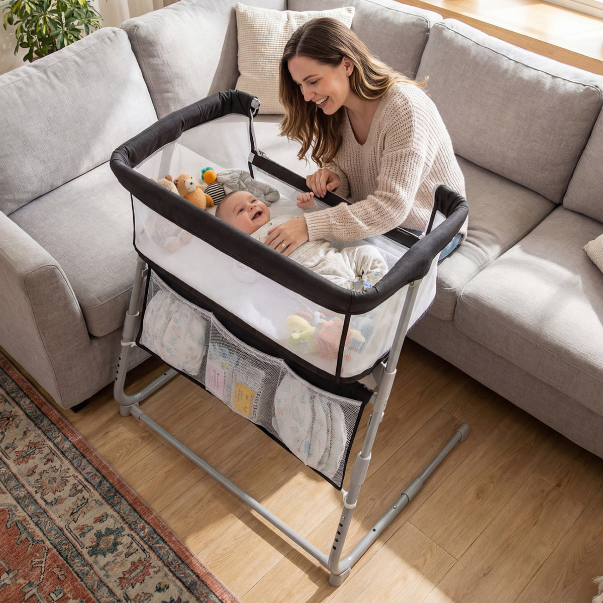 Baby Bassinet Bedside Crib with Adjustable Height Comfy Mattress-Black