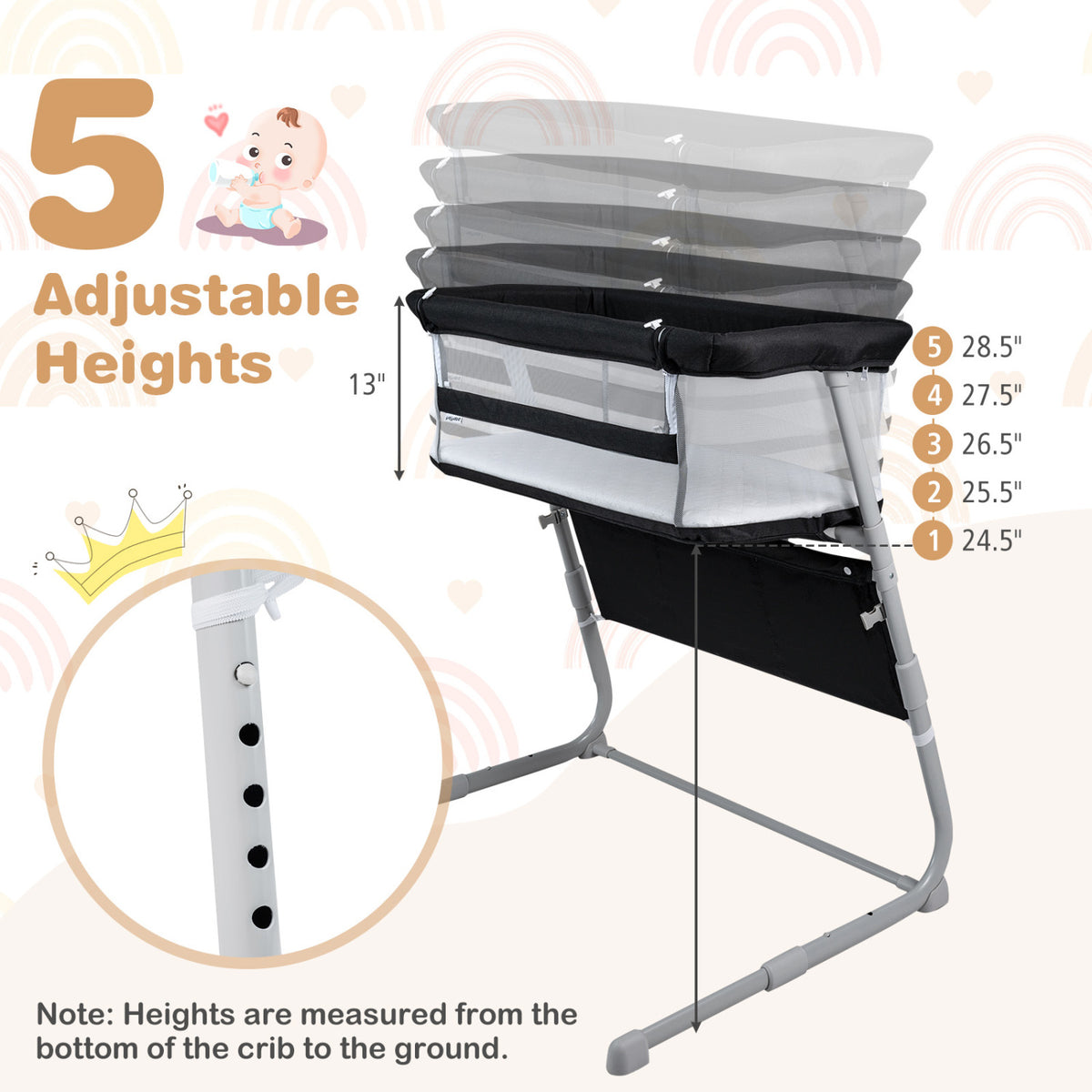 Baby Bassinet Bedside Crib with Adjustable Height Comfy Mattress-Black
