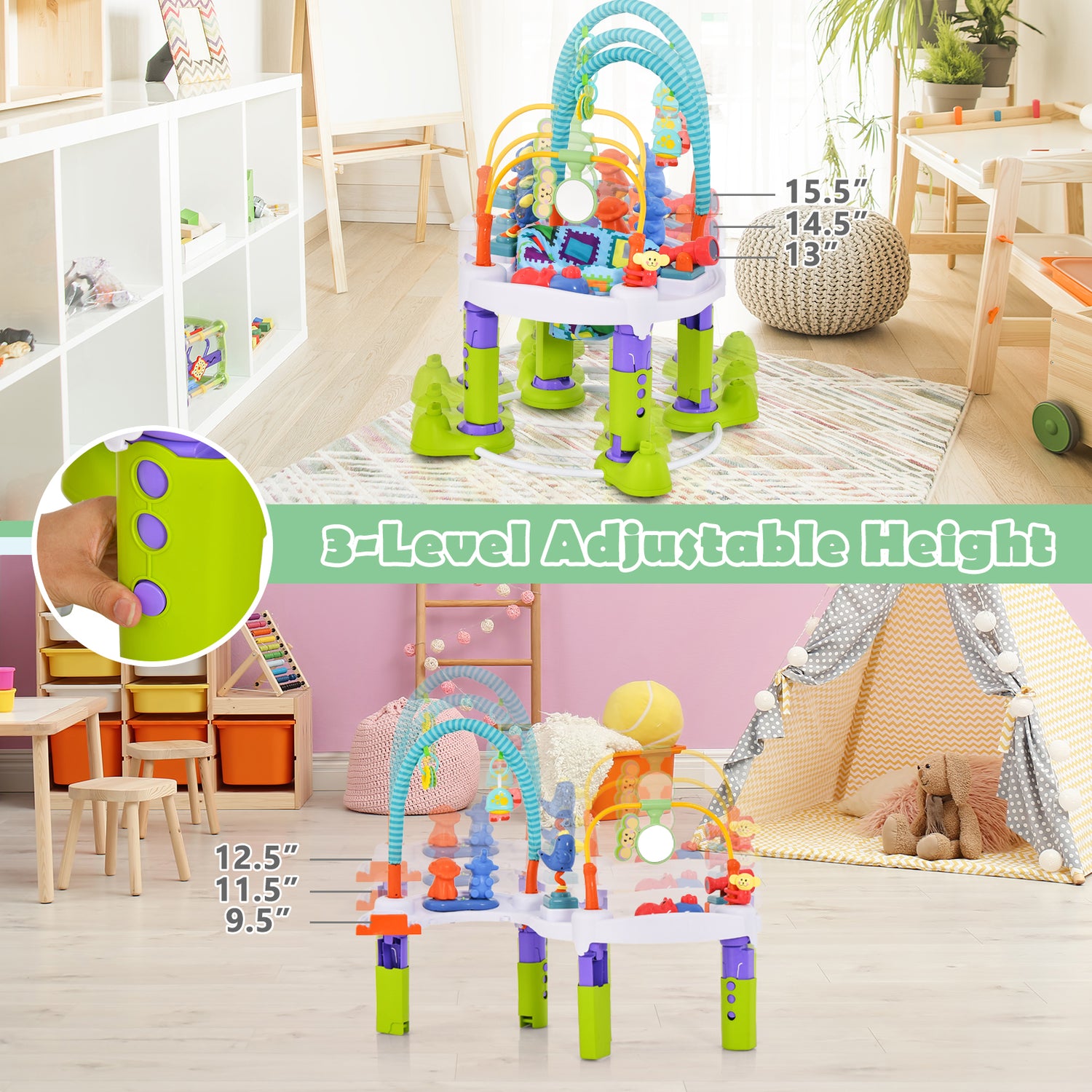 4-in-1 Baby Bouncer Activity Center with 3 Adjustable Heights-Green