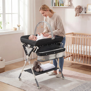 Baby Changing Table Foldable Diaper Changing Station with Storage Bag and Shelf-Black