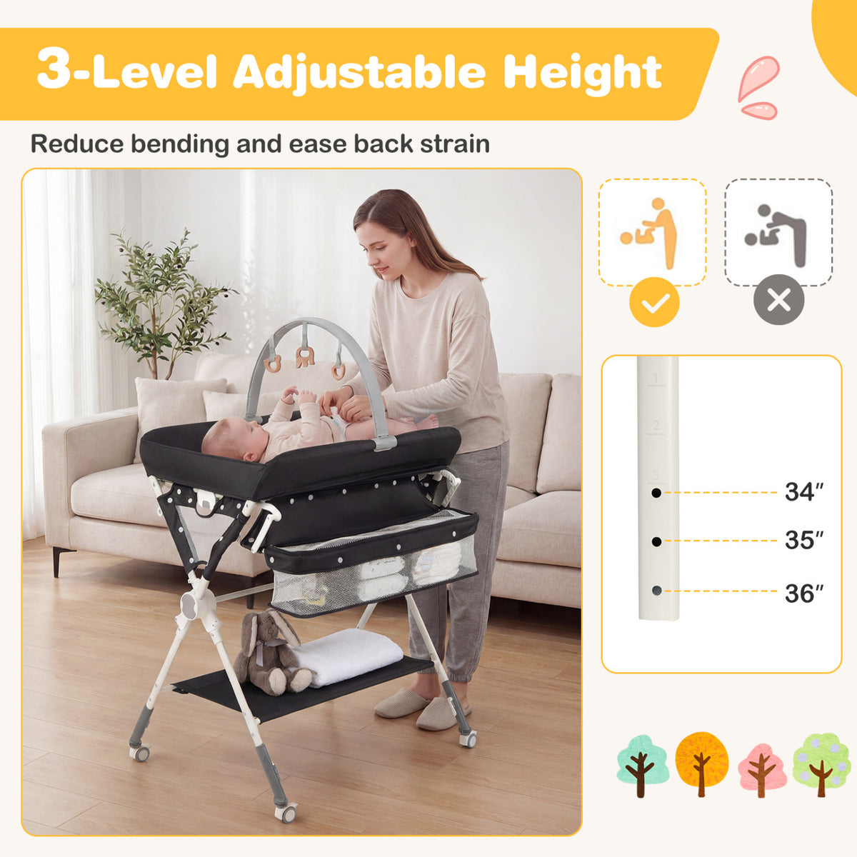 Baby Changing Table Foldable Diaper Changing Station with Storage Bag and Shelf-Black