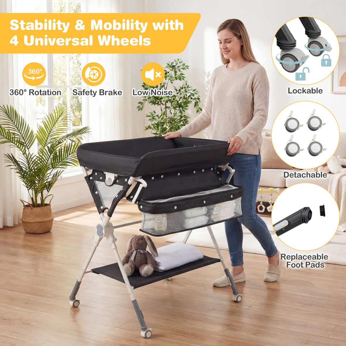 Baby Changing Table Foldable Diaper Changing Station with Storage Bag and Shelf-Black