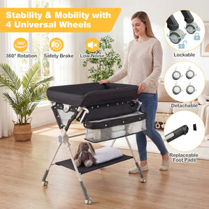 Baby Changing Table Foldable Diaper Changing Station with Storage Bag and Shelf-Black