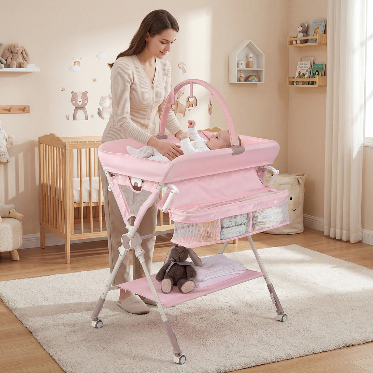 Baby Changing Table Foldable Diaper Changing Station with Storage Bag and Shelf-Pink