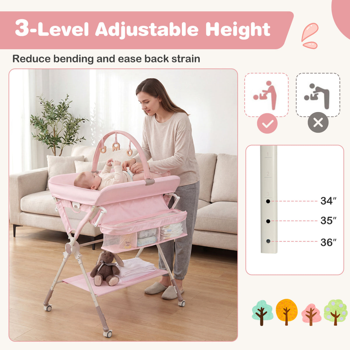 Baby Changing Table Foldable Diaper Changing Station with Storage Bag and Shelf-Pink