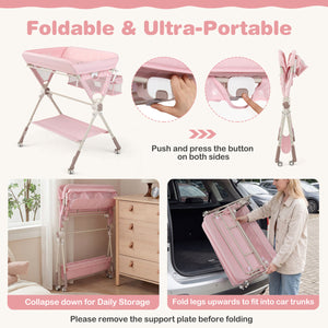Baby Changing Table Foldable Diaper Changing Station with Storage Bag and Shelf-Pink
