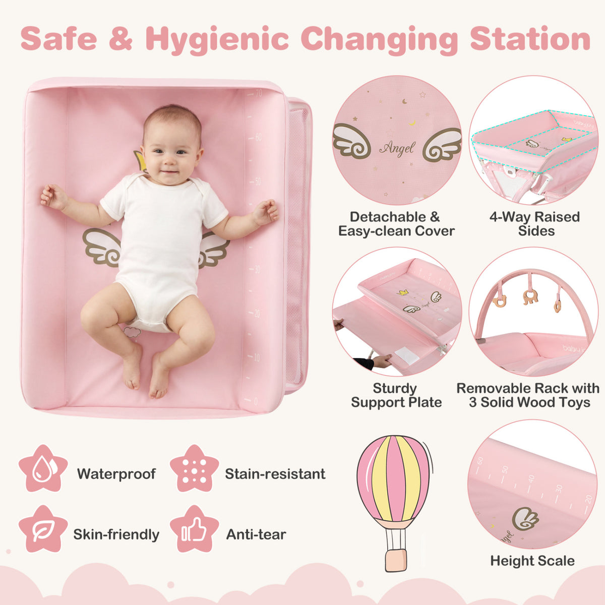 Baby Changing Table Foldable Diaper Changing Station with Storage Bag and Shelf-Pink