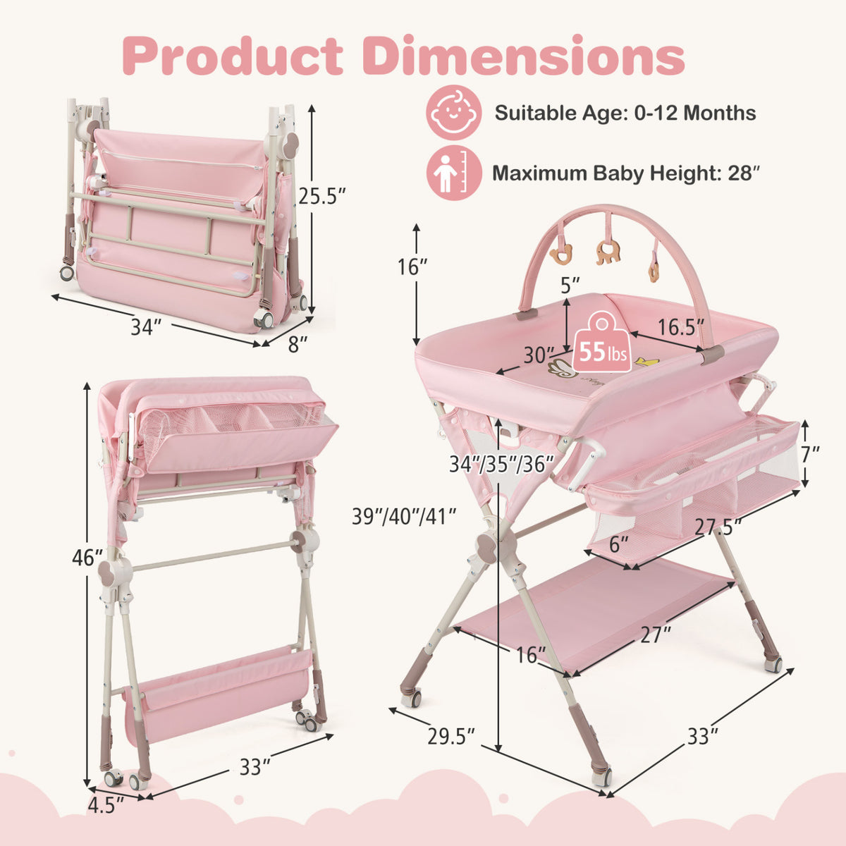 Baby Changing Table Foldable Diaper Changing Station with Storage Bag and Shelf-Pink
