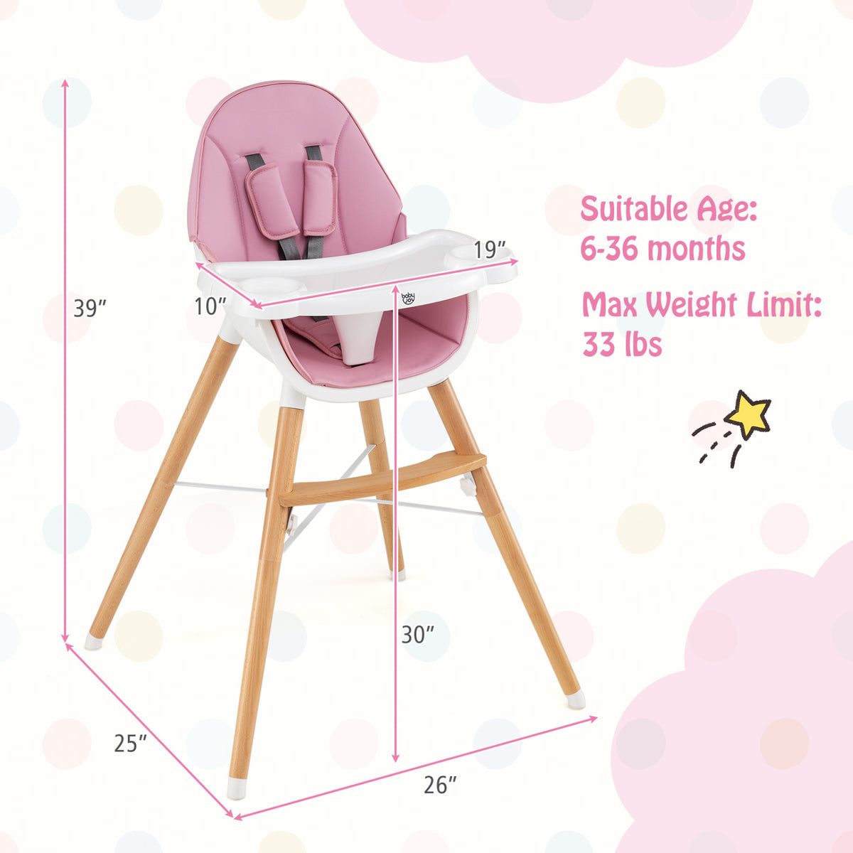 Baby High Chair with Dishwasher Safe Tray-Pink