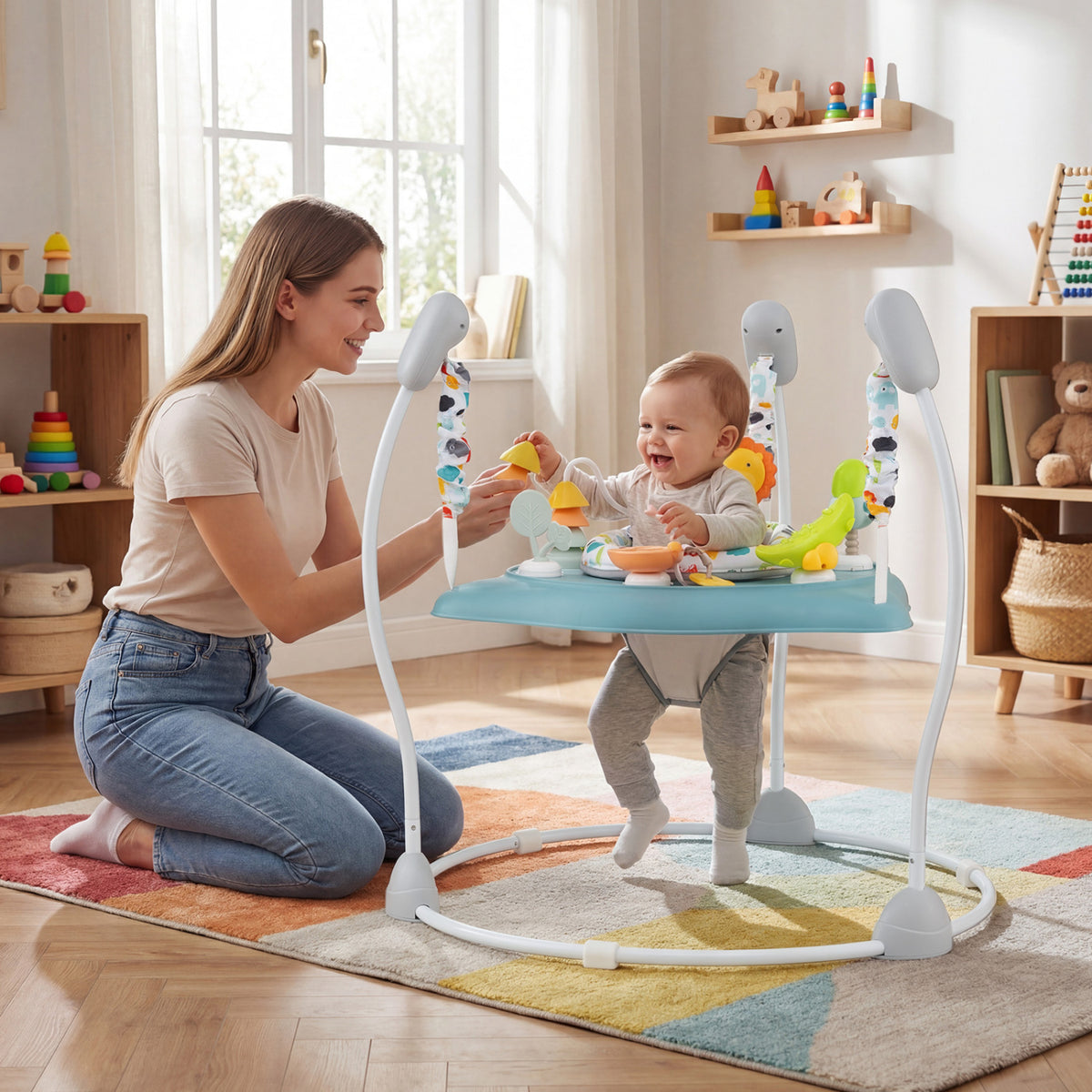 Baby Jump and Play Activity Center with Rotatable Seat and Interactive Toys-Blue