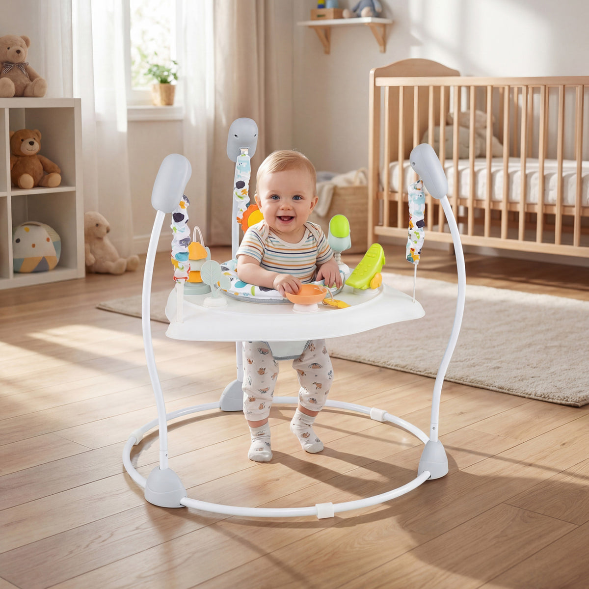 Baby Jump and Play Activity Center with Rotatable Seat and Interactive Toys-White