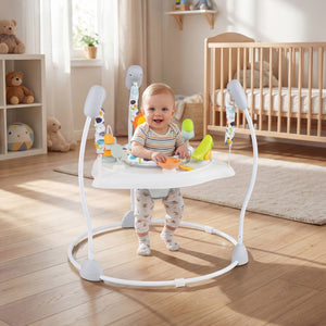 Baby Jump and Play Activity Center with Rotatable Seat and Interactive Toys-White