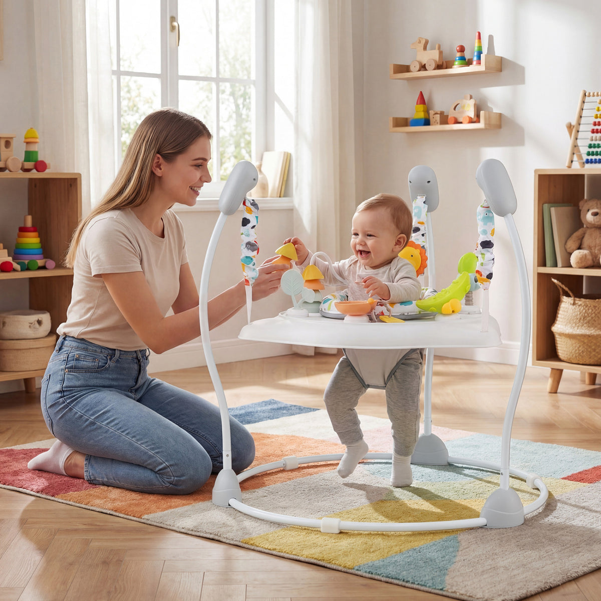 Baby Jump and Play Activity Center with Rotatable Seat and Interactive Toys-White