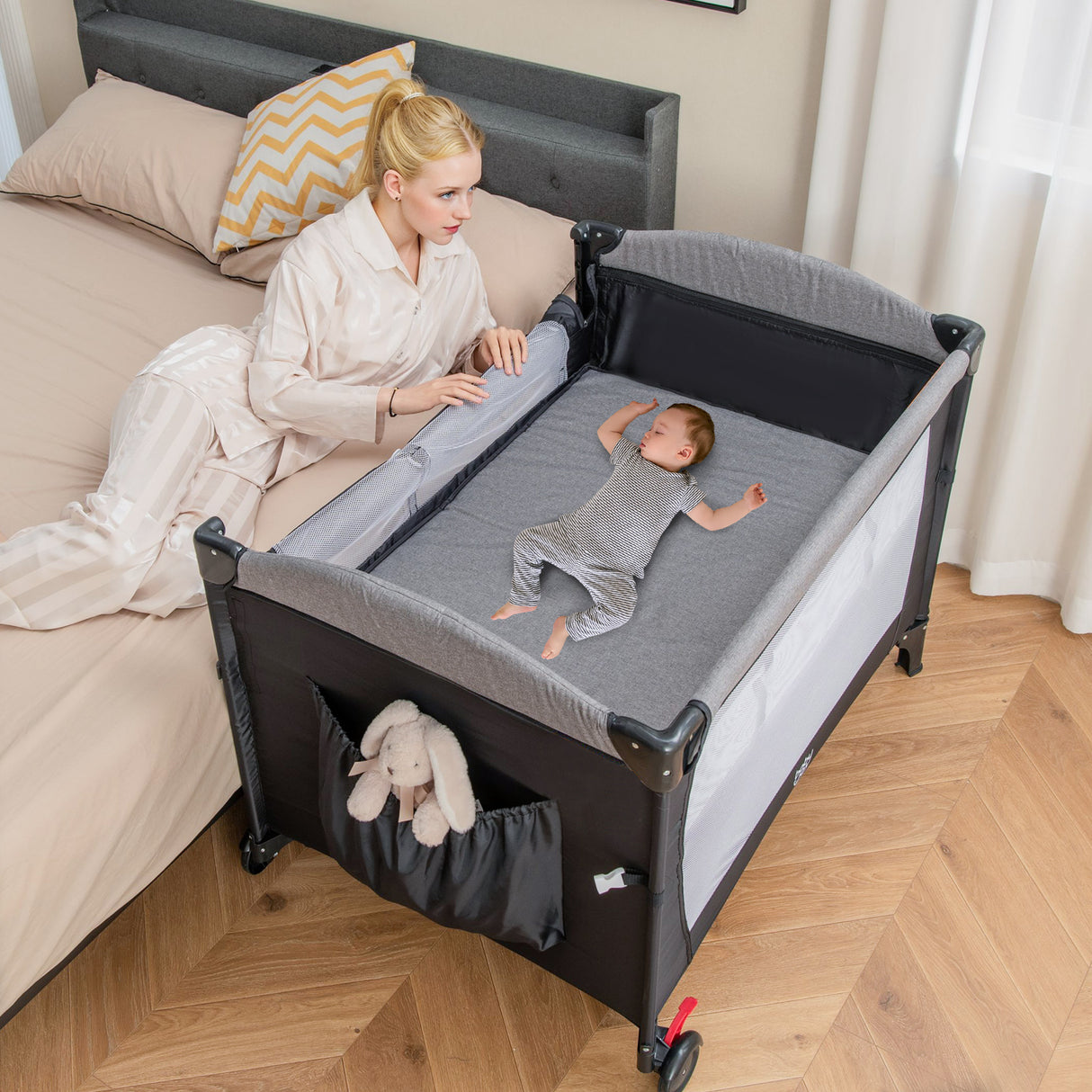 5-in-1 Baby Nursery Center Foldable Toddler Bedside Crib with Music Box-Gray