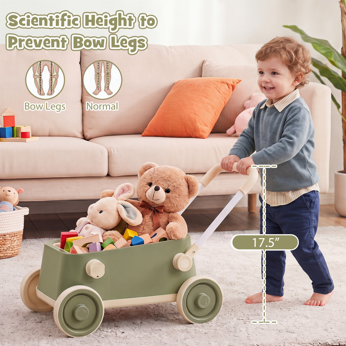 Baby Push Walker with Wheels and Foldable Handlebar and Storage Basket-Green