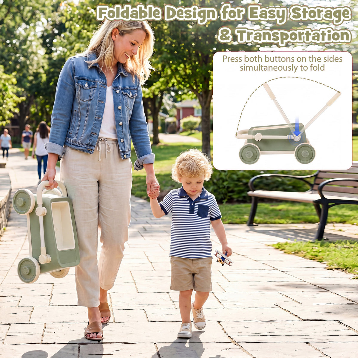 Baby Push Walker with Wheels and Foldable Handlebar and Storage Basket-Green