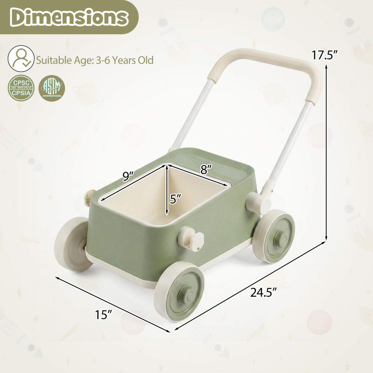 Baby Push Walker with Wheels and Foldable Handlebar and Storage Basket-Green